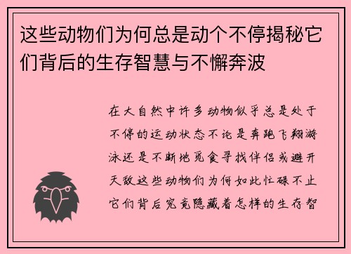 这些动物们为何总是动个不停揭秘它们背后的生存智慧与不懈奔波 这些动物们为何总是动个不停揭秘它们背后的生存智慧与不懈奔波